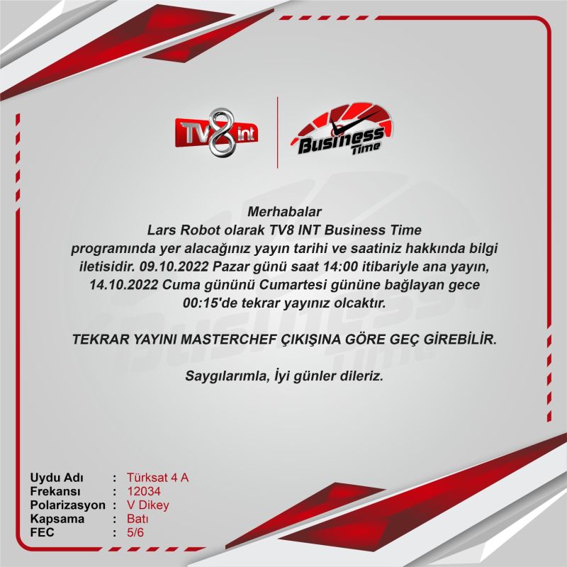 Lars Robot, 9 Ekim Pazar günü saat 14.00'da TV8 INT Business Time...